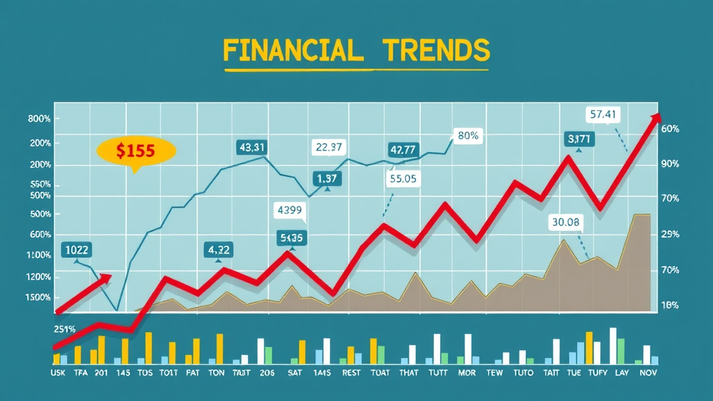 Visual chart representing key financial trends, engaging and informative, 2D Cartoon, with trend lines and data points, highly detailed, dynamic elements, crisp colors, shot with a 24mm lens.