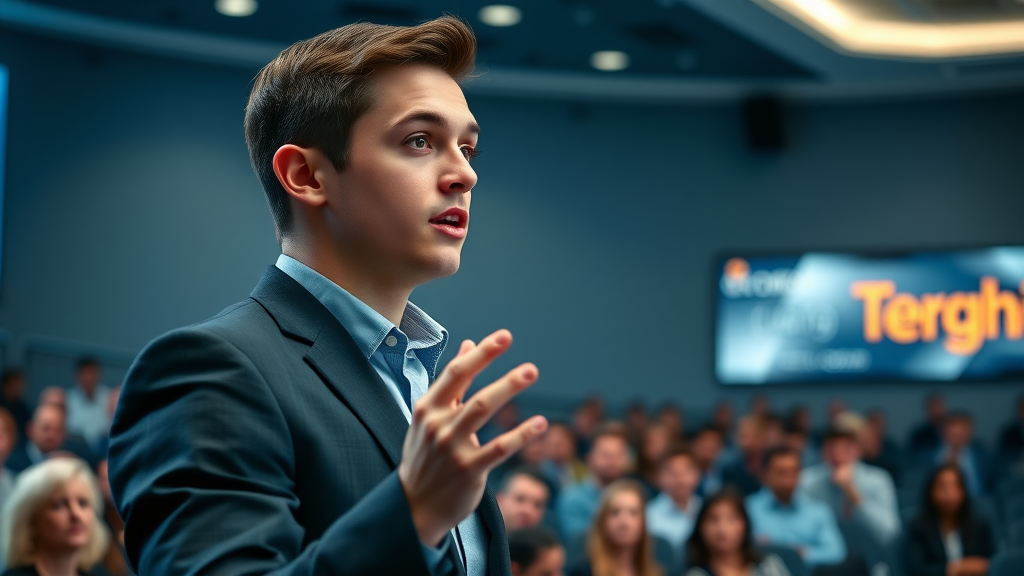 presentation skills in action, young professional speaker mastering effective presentation in business, effective presentation skills