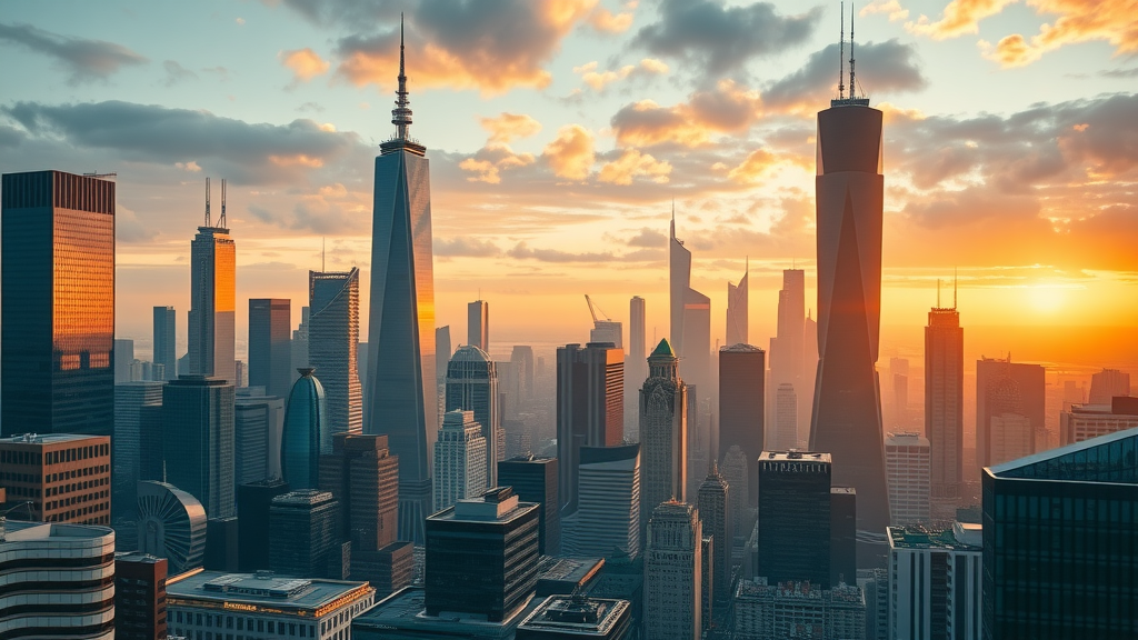 Vibrant financial cityscape at dawn, symbolizing innovation and growth, Photorealistic High Fidelity, bustling environment with futuristic architectural elements, highly detailed, golden hour lighting, shot with a 50mm lens.