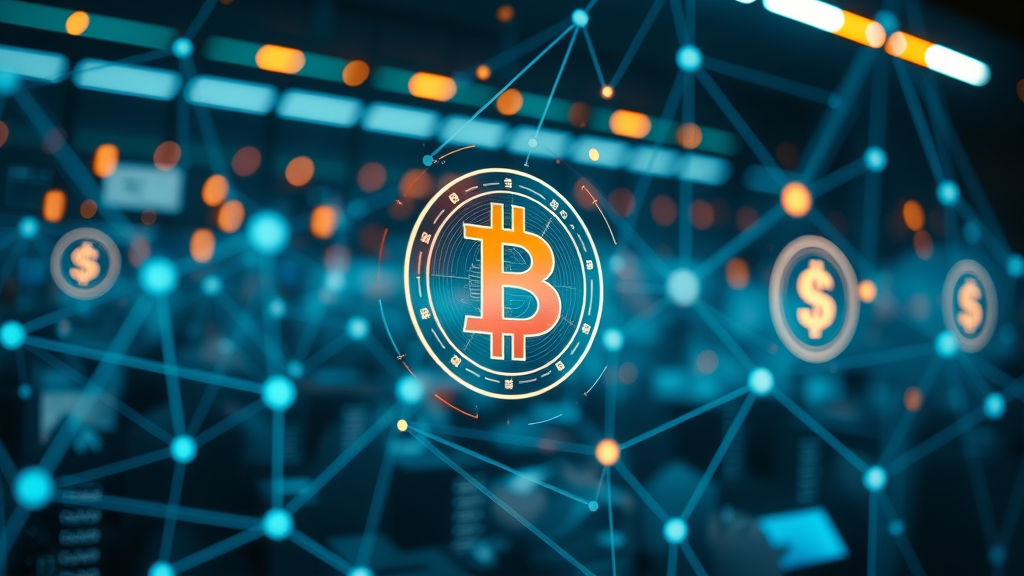 Cutting-edge fintech industry concept, seamless digital interaction, Cinematic, with digital currency symbols and global network, highly detailed, cool tones, ambient lighting, shot with a 35mm lens.