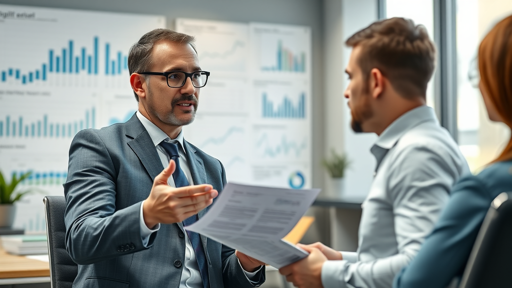 A financial advisor explaining regulations to clients, engaging and informative, Photorealistic High Fidelity, modern office with charts and graphs, highly detailed, dynamic elements, bright lighting, shot with a 24mm lens.
