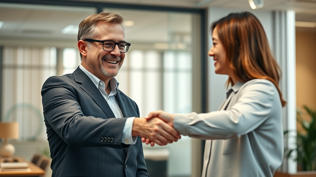 A satisfied client shaking hands with a financial consultant
