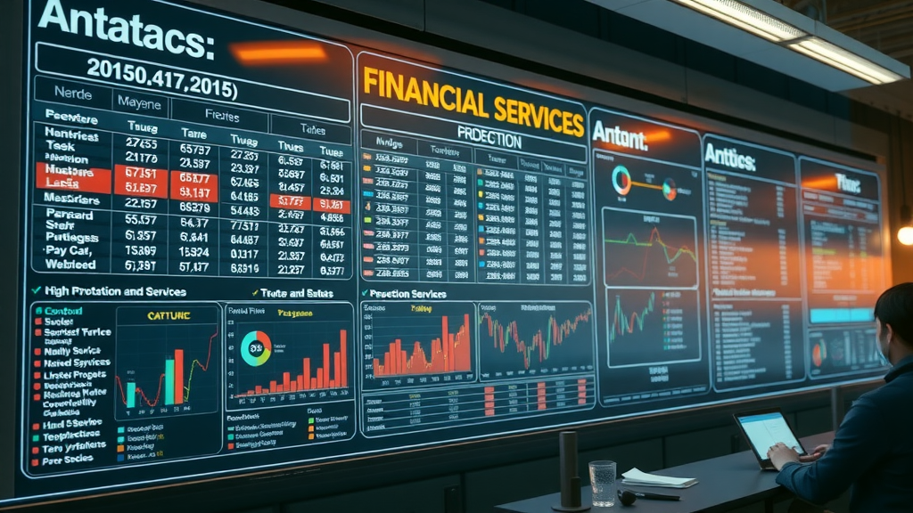Projection board on future financial services, trend analysis, High Fantasy, with future dates and technologies, highly detailed, dynamic elements, strategic lighting, shot with a 50mm lens.