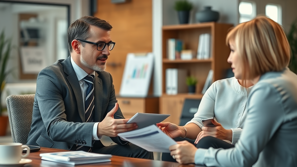 Financial consultant meeting with clients, discussing strategies, warm and professional atmosphere, Photorealistic High Fidelity, office setting with financial documents, highly detailed, dynamic elements, natural lighting, shot with a 50mm lens.