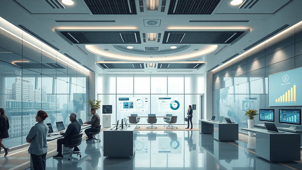 Futuristic financial services office, modern design, showcasing technology integration, Photorealistic High Fidelity, bright and inviting atmosphere, highly detailed, dynamic elements, soft lighting, shot with a 35mm lens.