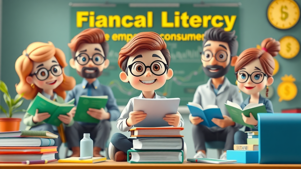 Conceptual image of financial literacy education, empowering consumers, 3D Cartoon, with students and financial tools, highly detailed, vibrant elements, educational environment, studio lighting, shot with a 50mm lens.