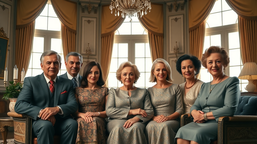 grand American dynasty family portrait, hilton wealth in opulent mansion, luxury interior, natural sunlight