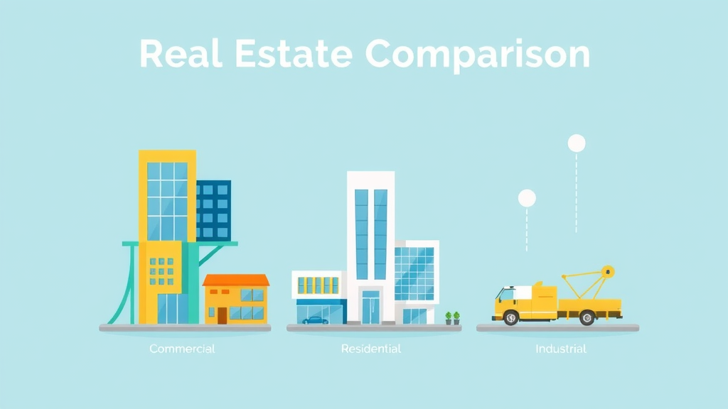 Real estate asset comparison, Hilton-style investments, icons for commercial, industrial, and residential properties