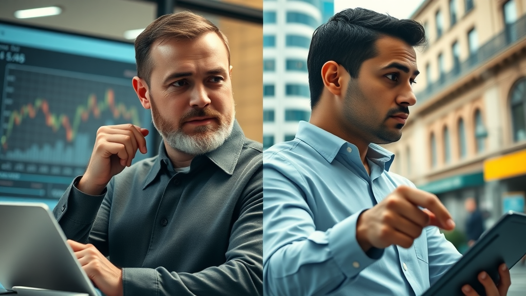 Split scene: Hilton dynasty investor and traditional investor, real estate vs. digital stock charts