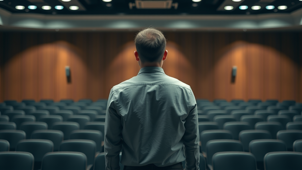 Anxious professional standing before an empty podium with nervous body posture in a dimly lit conference room - how to be confident at public speaking