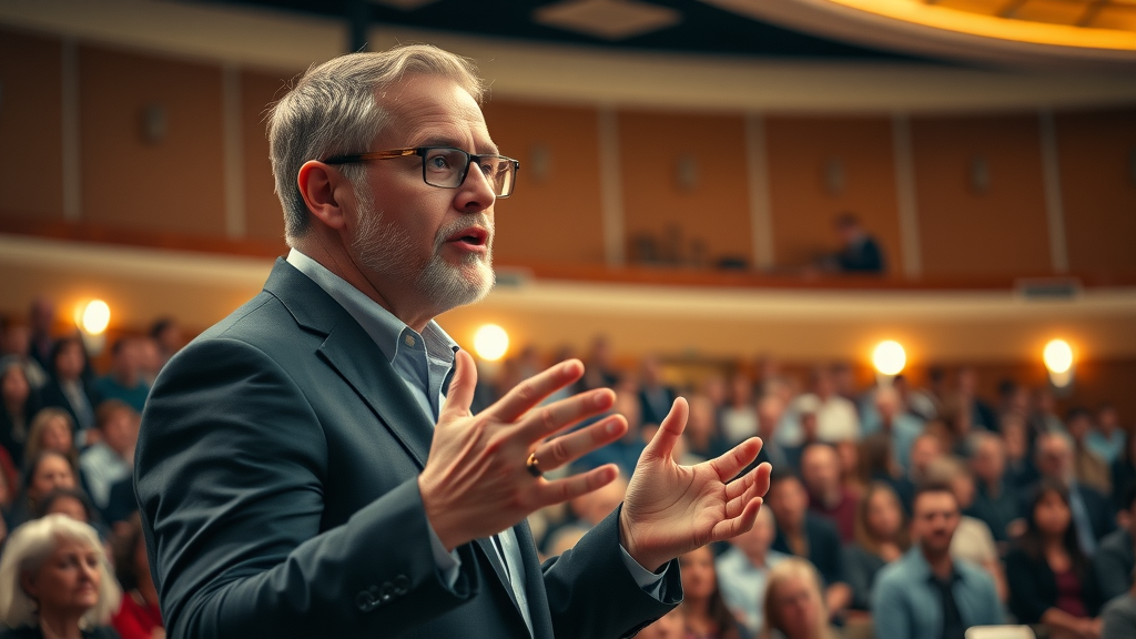 Confident speaker gesturing dynamically while addressing audience in a bright auditorium - confidence in public speaking