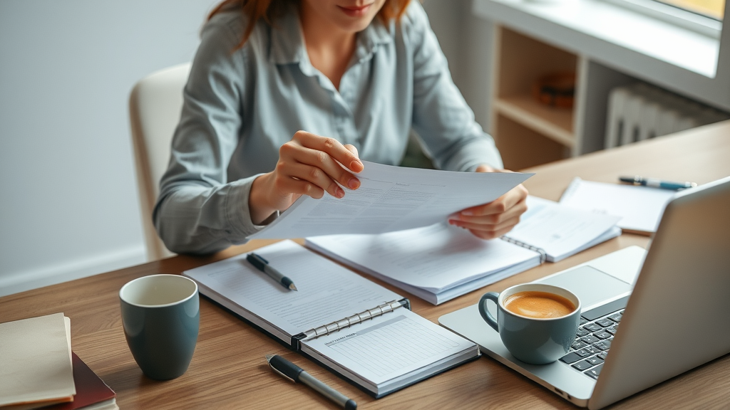 Organized professional reviewing notes and laptop on a modern desk, preparing for public speaking
