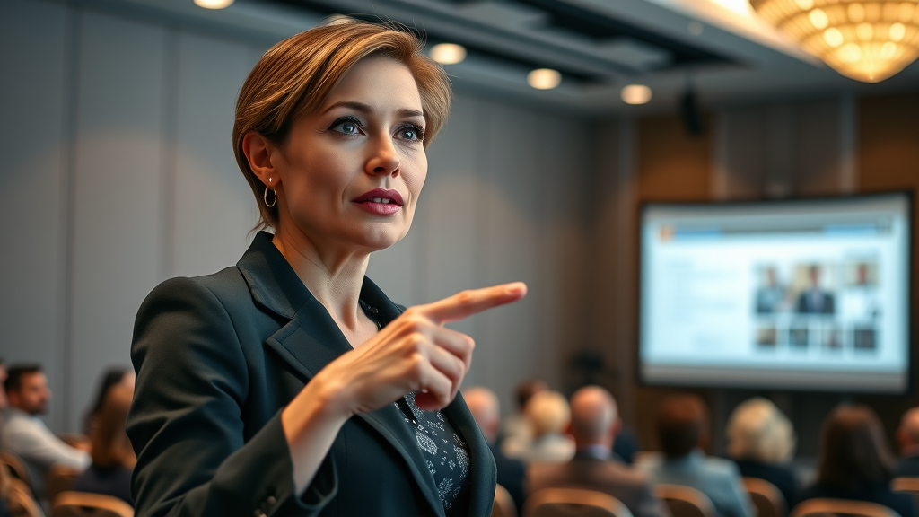 Engaged businesswoman pointing to presentation slide in professional conference, illustrating public speaking skills