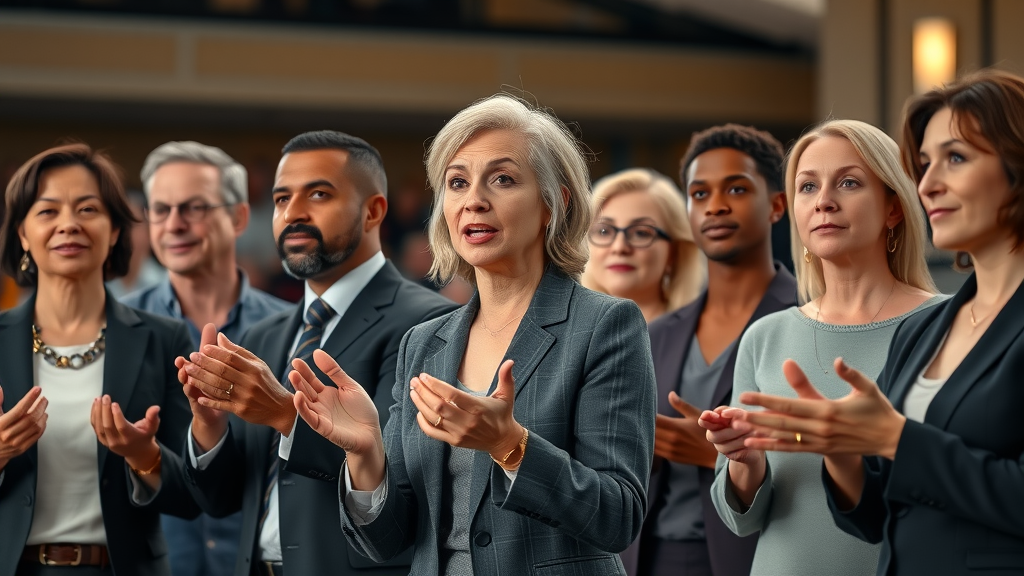 Diverse group of speakers demonstrating open posture and confident eye contact on stage - body language in public speaking