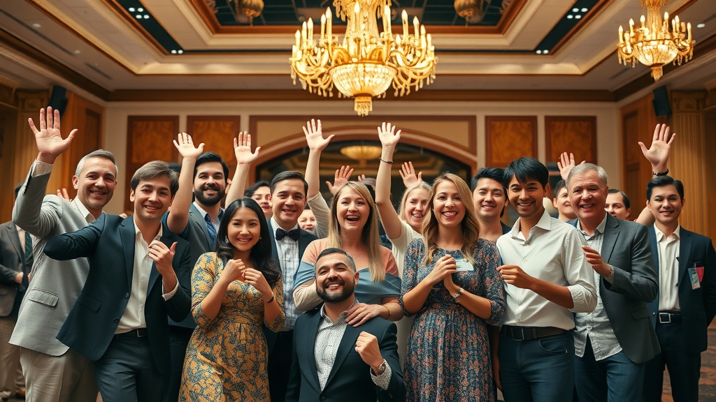 Joyful group of successful speakers celebrating after public speaking workshop - mastering confidence in public speaking