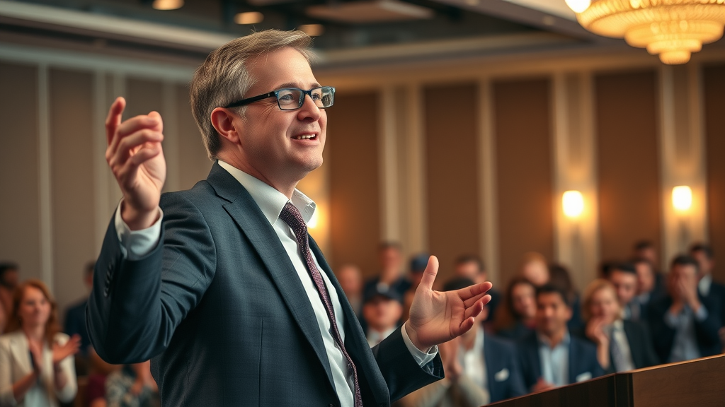 Enthusiastic professional concluding a speech confidently in a well-lit event room - how to be confident at public speaking