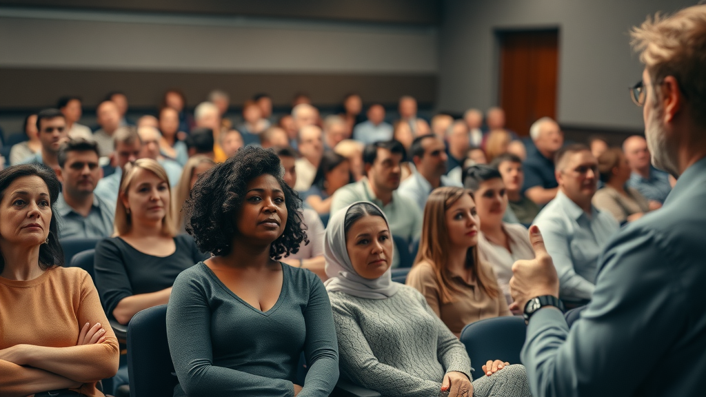 inspiring diverse audience listening intently to a confident speaker demonstrating confidence in speaking
