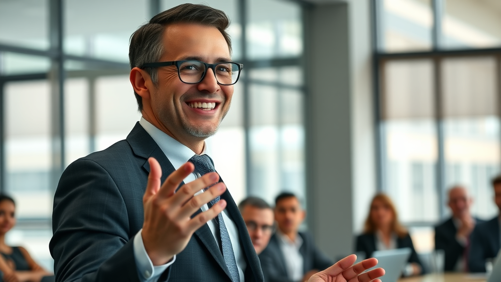 professional businessperson giving a successful public presentation demonstrating confidence in public