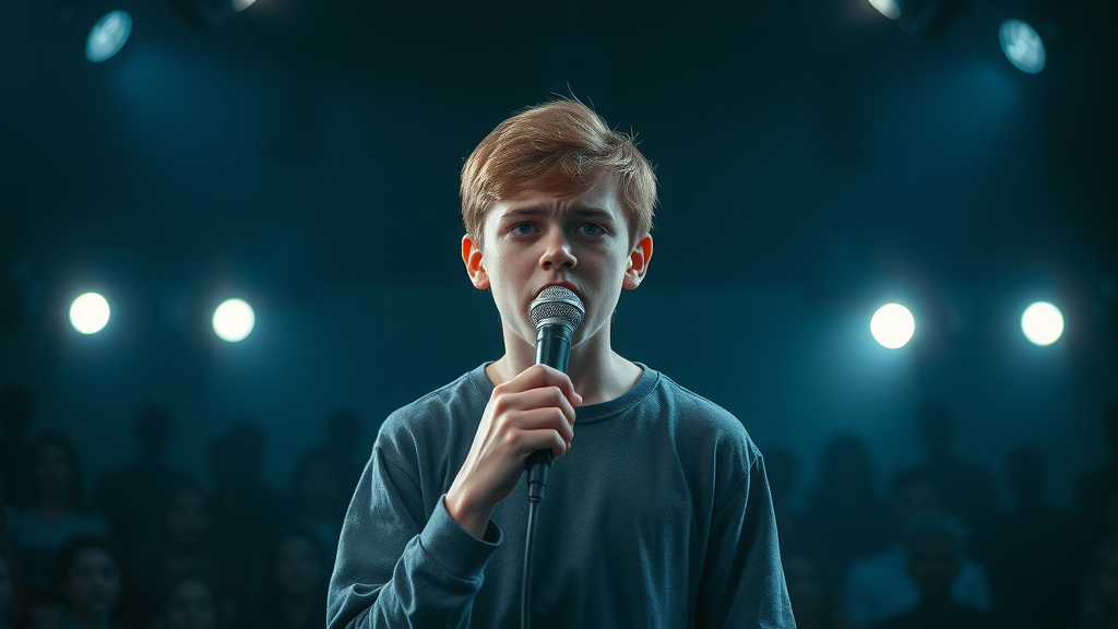 anxious young person nervous before a microphone struggling with confidence in speaking