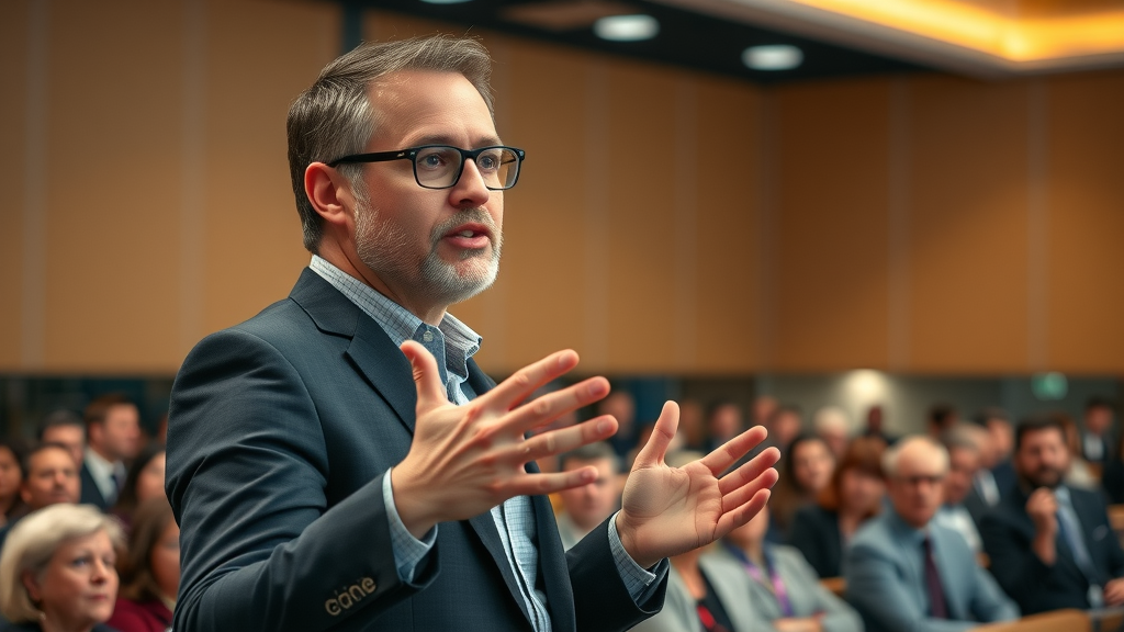 confident speaker holding engaging eye contact and using positive body language while speaking to a modern audience