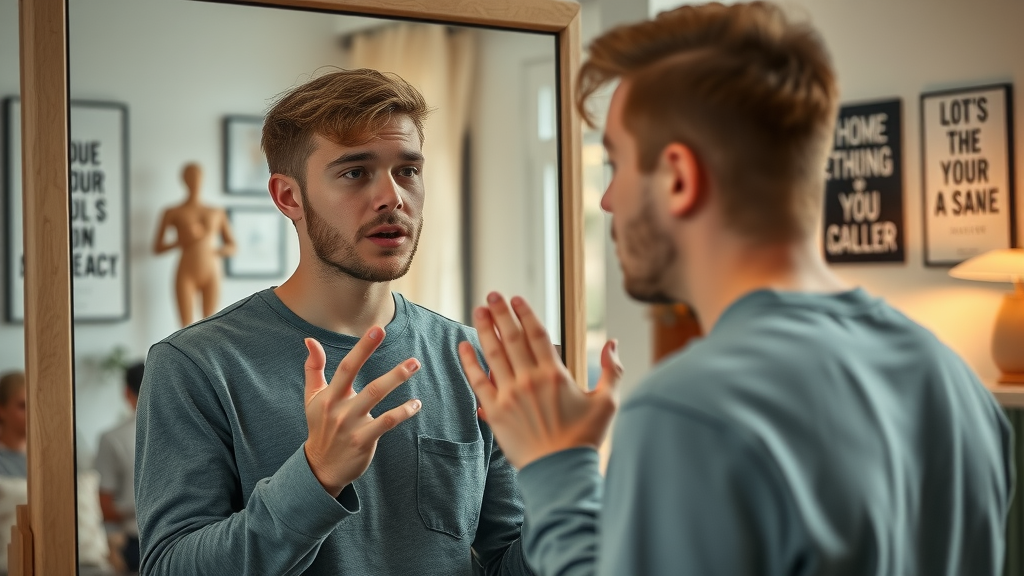 young adult practicing speech in front of a mirror to build confidence in speaking