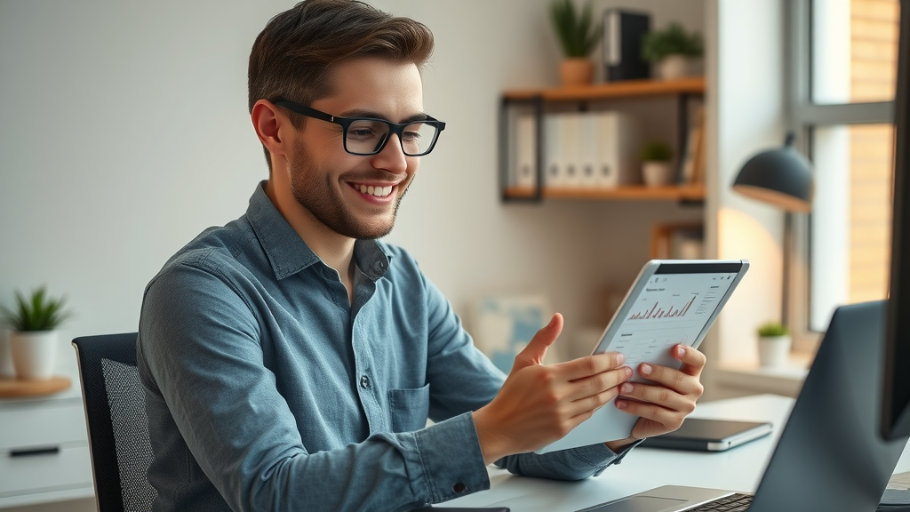 motivated professional reviewing progress on a confidence in speaking digital self-assessment tool