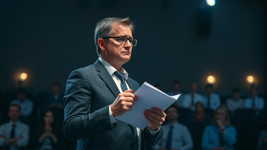 anxious business professional experiencing stage fright before public speaking, auditorium audience blurred in background, how to speak with confidence in public