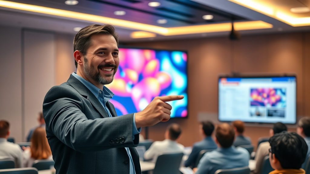public speaker confidently using vibrant presentation slides with eye contact, how to speak with confidence in public