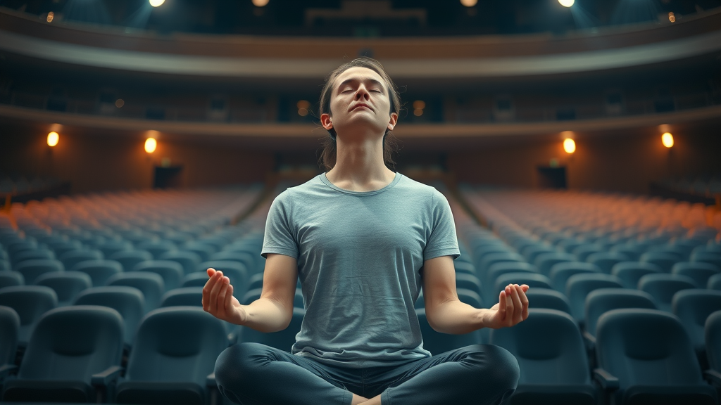 person practicing deep breathing on stage before public speaking, how to speak with confidence in public