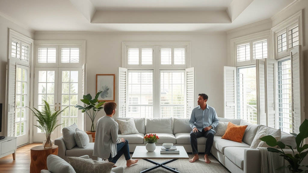 Modern living room with custom window shutters highlighting the investment value of custom window shutters