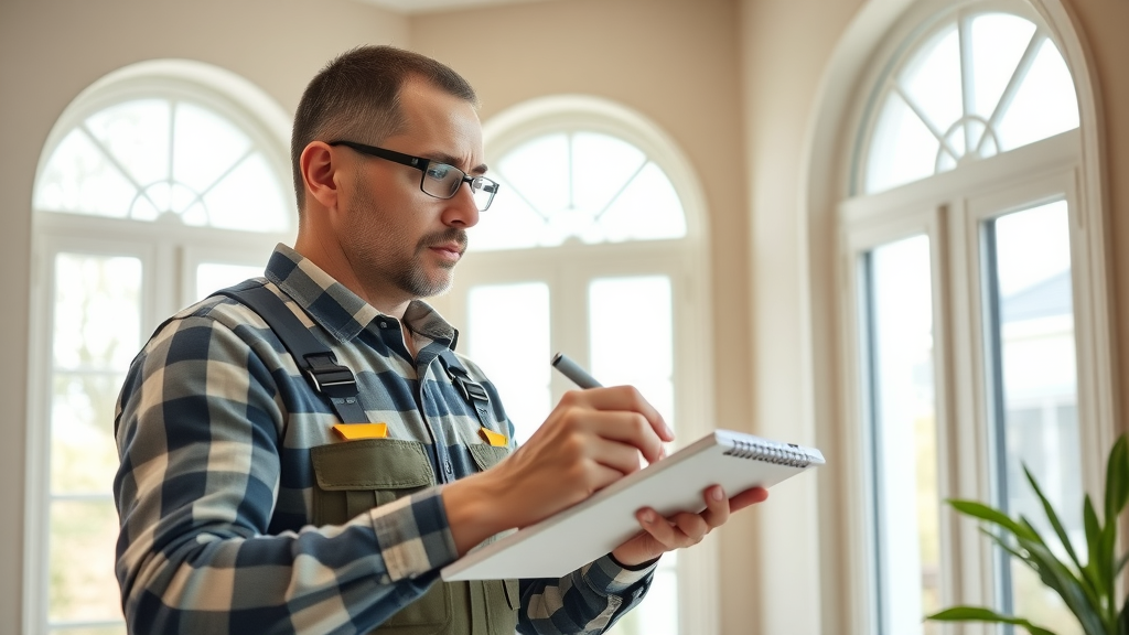 Professional installer measuring arched and rectangular windows for custom window shutters