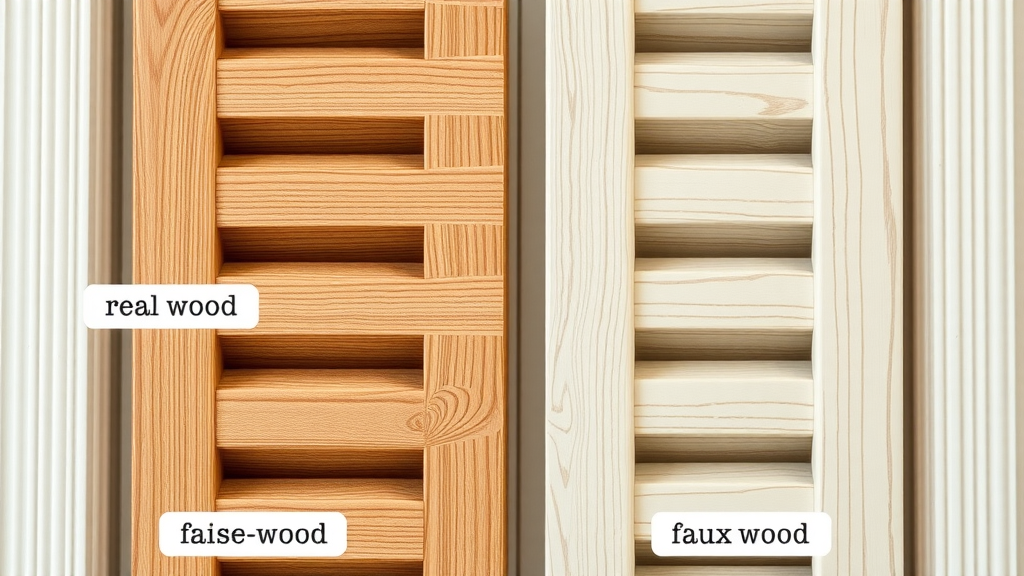 Detailed view comparing real wood and faux wood window shutter slats