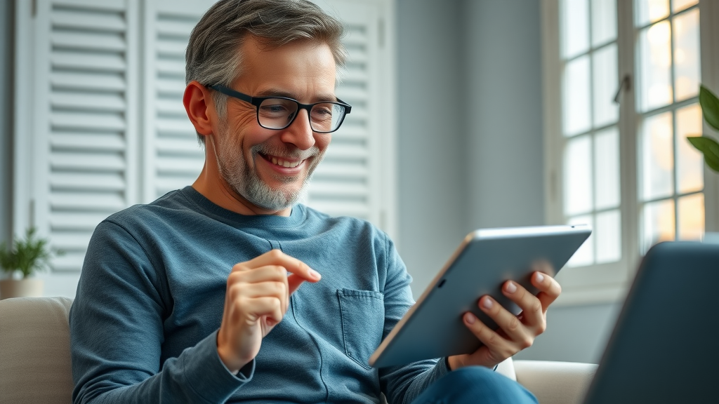 Homeowner researching online deals for custom window shutters on a tablet