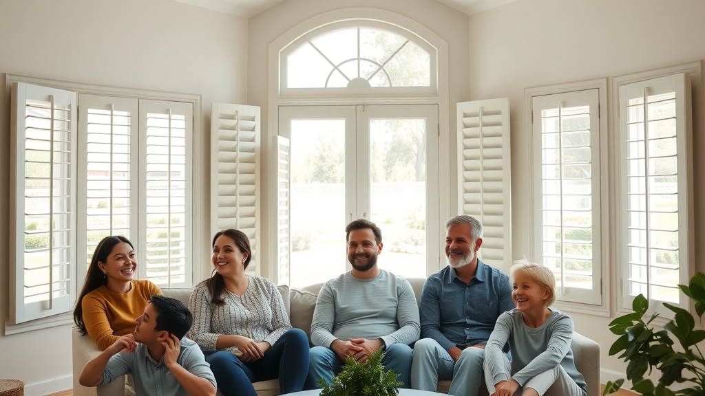 Family room with multiple windows featuring crisp white custom window shutters